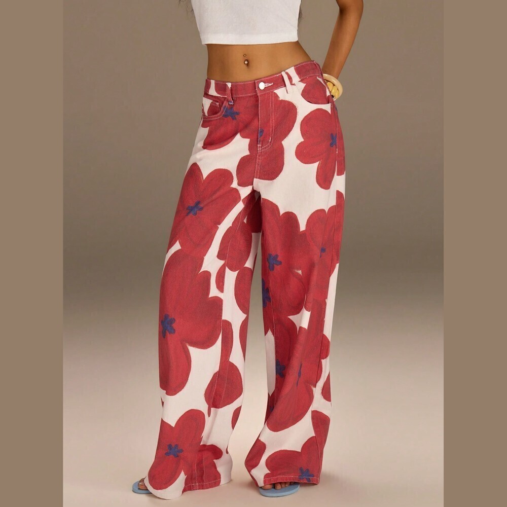 Cream Red Floral Print Wide Leg Denim Jeans